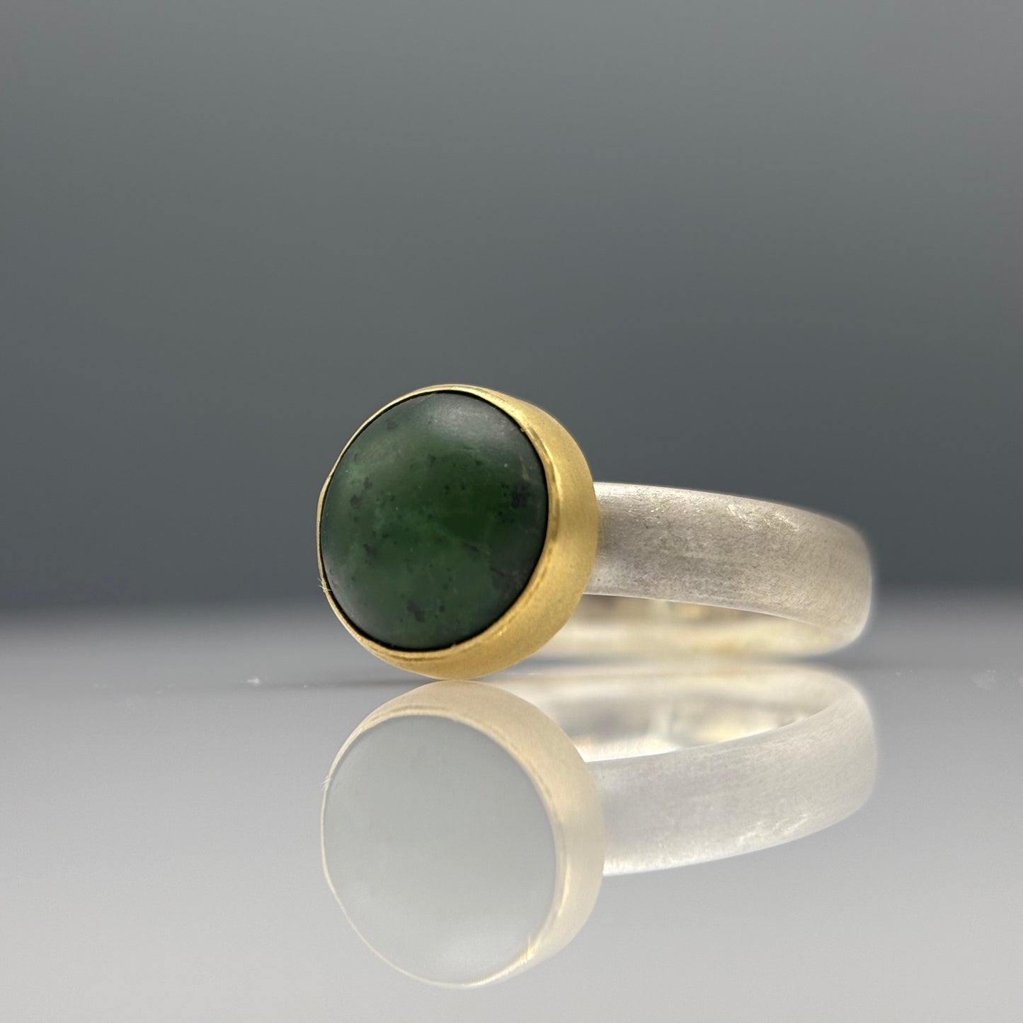 Anthony Feiler – Ring: Jade with 18ct Gold Bezel on Brushed Silver Band