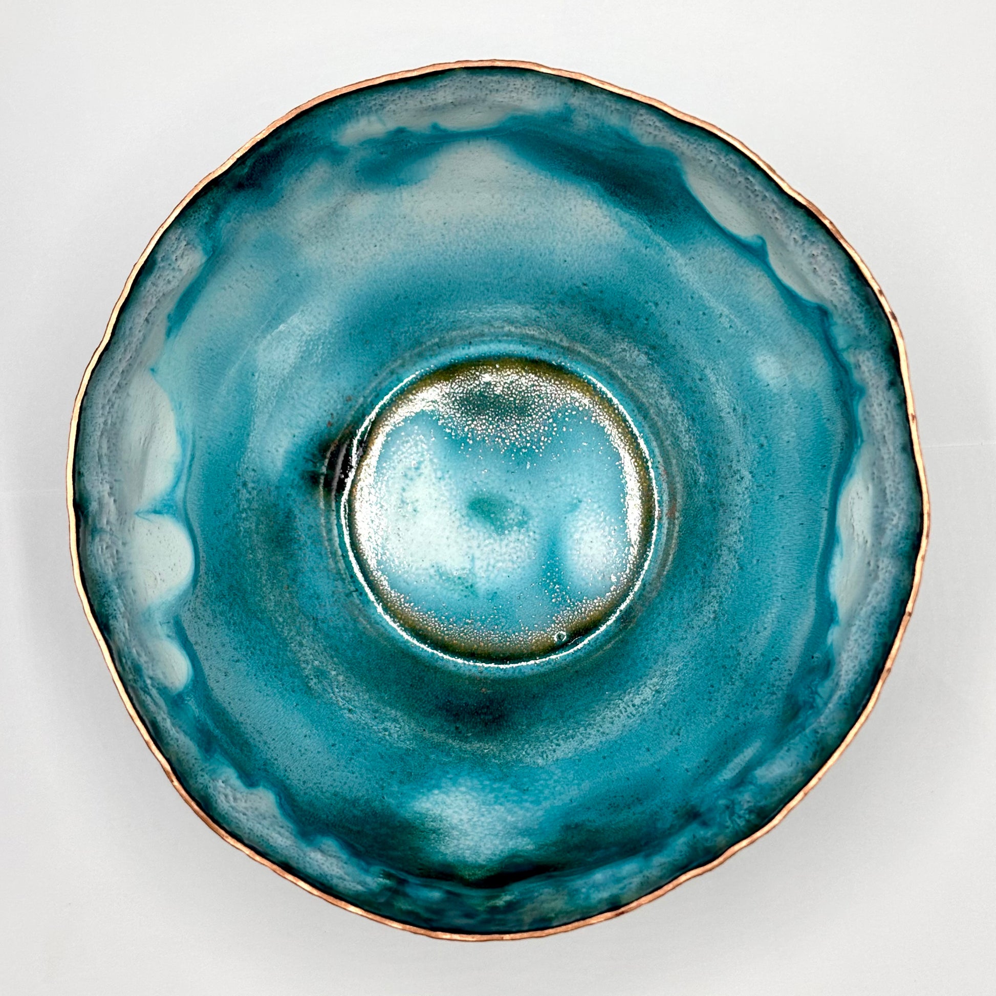 Cruan Marino Large Enamelled Copper Bowl, top-down view showing teal interior