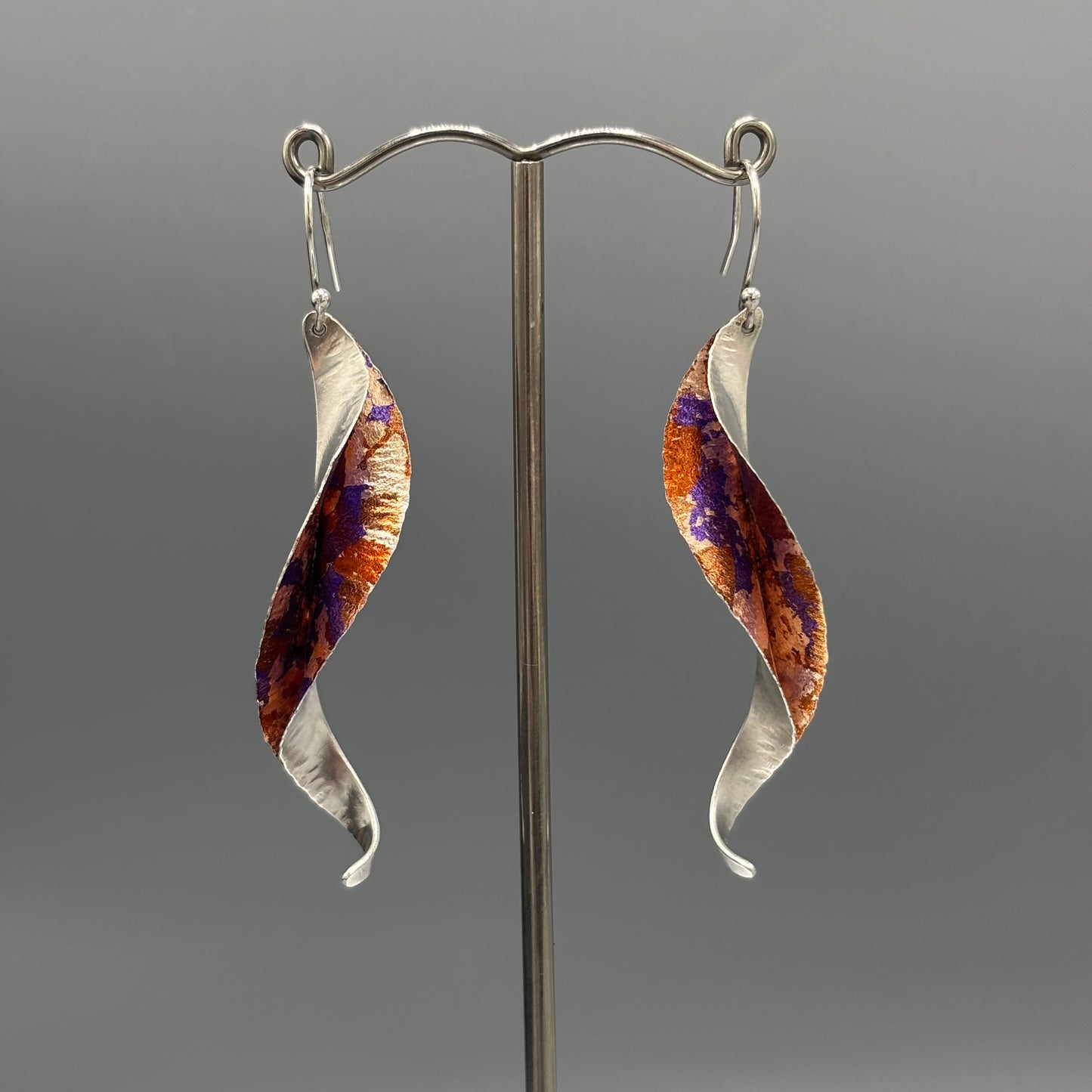 Victoria Sackwild – 60mm fine silver Willow Leaf earrings (copper/pink champagne/purple)