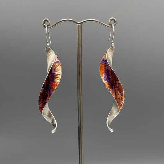Victoria Sackwild – 60mm fine silver Willow Leaf earrings (copper/pink champagne/purple)