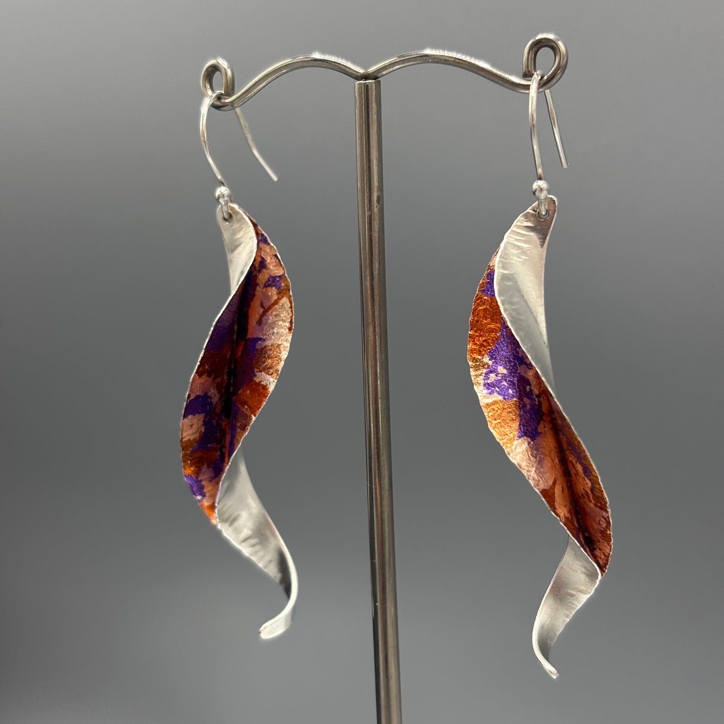 Victoria Sackwild – 60mm fine silver Willow Leaf earrings (copper/pink champagne/purple)