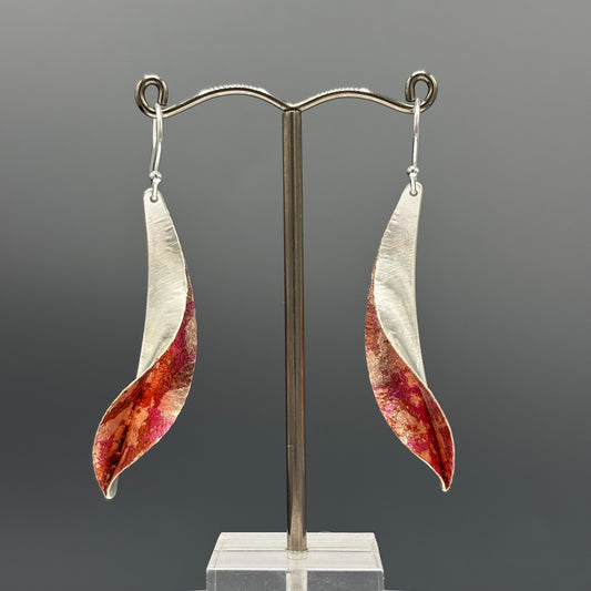 Victoria Sackwild – 48mm fine silver Willow Leaf earrings (dusty pink/pink champagne/copper) I