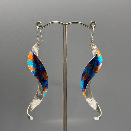 Victoria Sackwild – 60mm fine silver Willow Leaf earrings (dark blue/turquoise/copper)