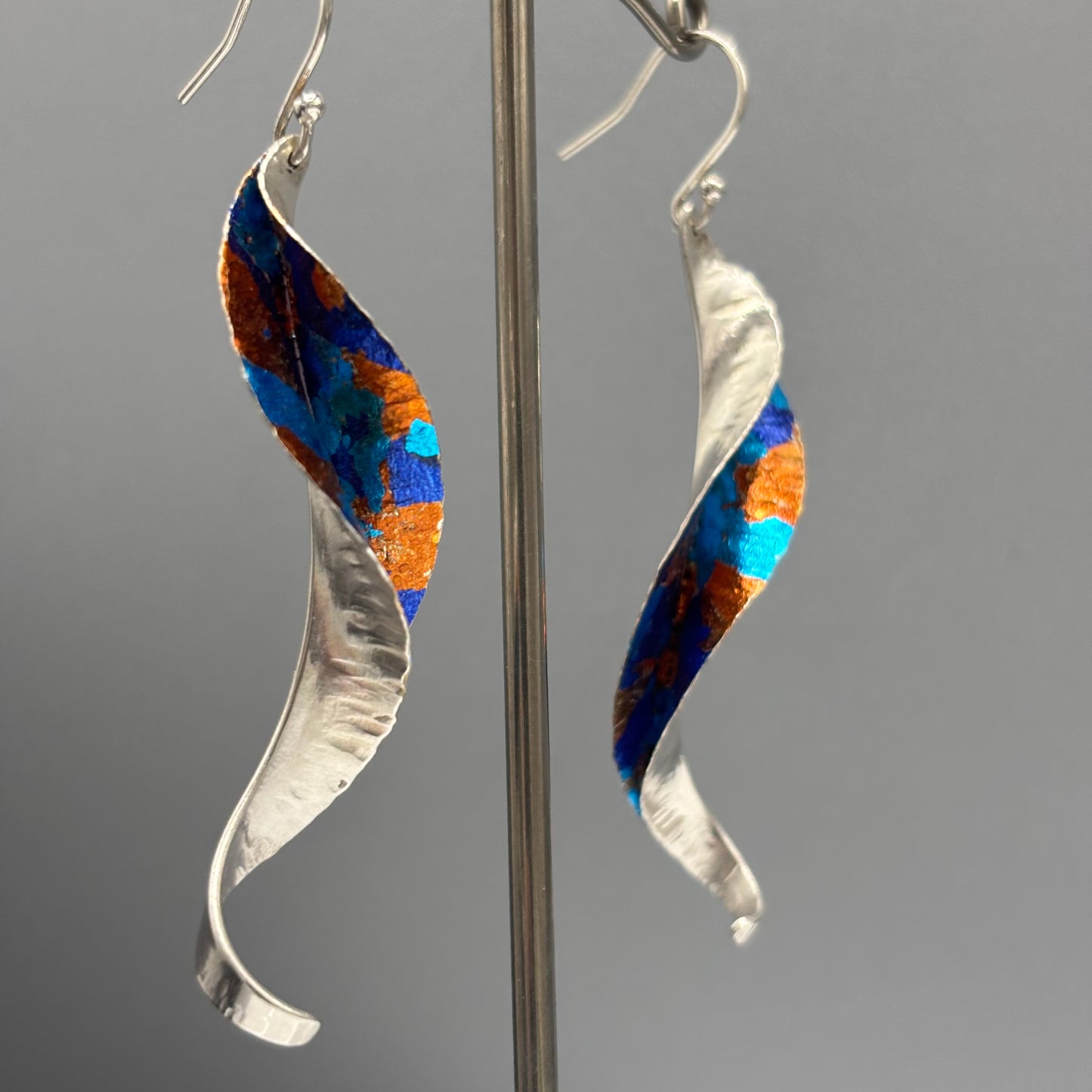 Victoria Sackwild – 60mm fine silver Willow Leaf earrings (dark blue/turquoise/copper)