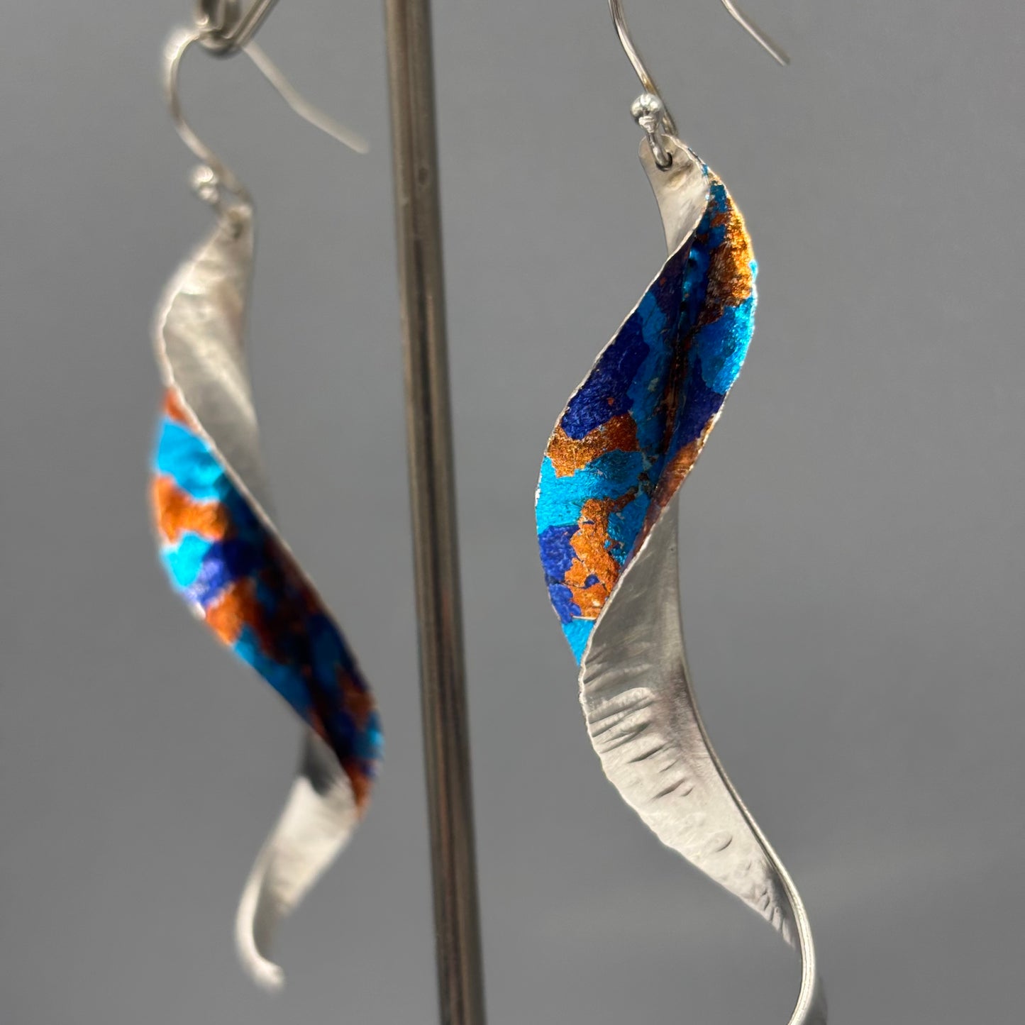 Victoria Sackwild – 60mm fine silver Willow Leaf earrings (dark blue/turquoise/copper)