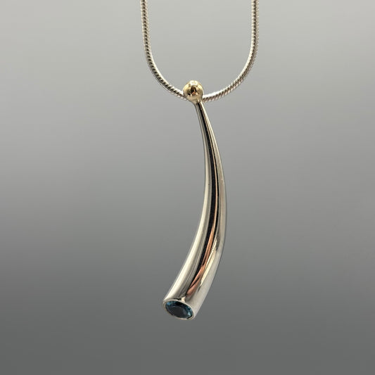 Paul Finch - Pendant: Short curved solid silver/blue topaz/solid 18ct Yellow Gold Bead