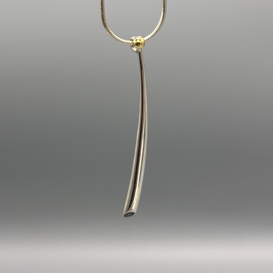 Paul Finch - Pendant: Long curved solid silver/blue topaz & solid 18ct Yellow Gold bead