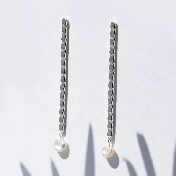 Iona Hall – Long Flat Ripple Earring with Pearl